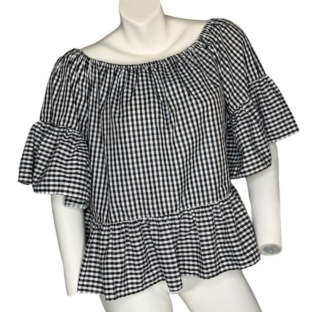 Style Envy Small black white gingham plaid Off shoulder flounce top